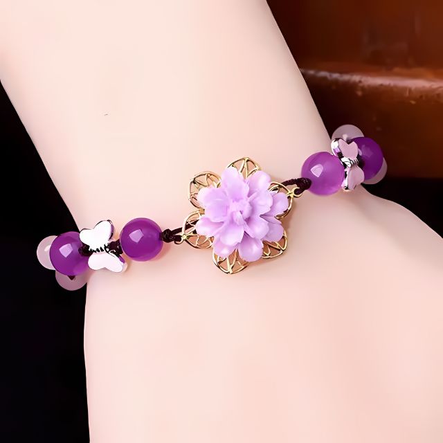 Purple Jade and Amethyst Lotus Healing Bracelet