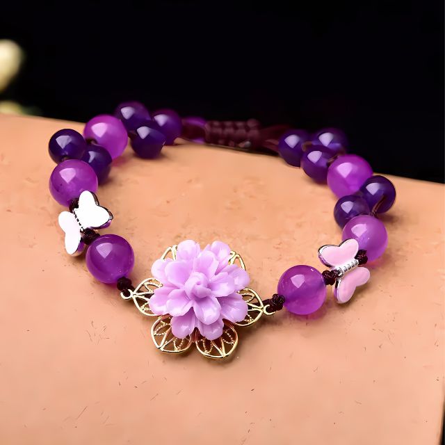 Purple Jade and Amethyst Lotus Healing Bracelet